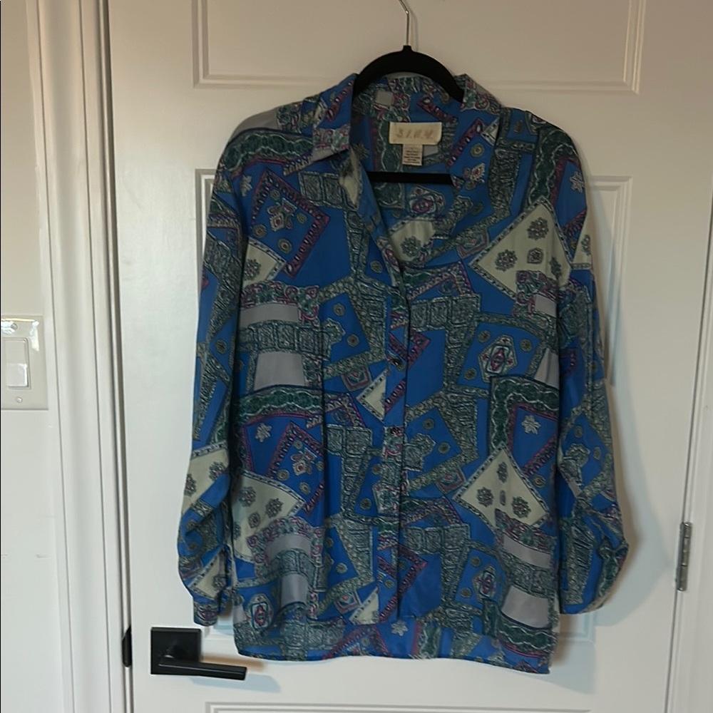 S.I.N.Y. Silk Blouse with Blue and Pink Patterns